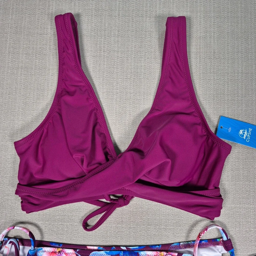 Cupshe Womens Bikini Set Plum Purple Floral Wrap Lace Up Side Tie M ADL5024B NWT